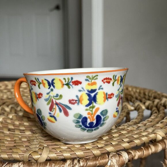 Anthropologie Cadiz Floral Mug With Orange Handle And Blue Flower - Picture 2 of 12